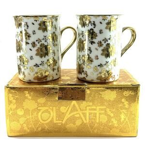 OlAff Porcelain Mug Set Gold Floral 4” Tall with Box